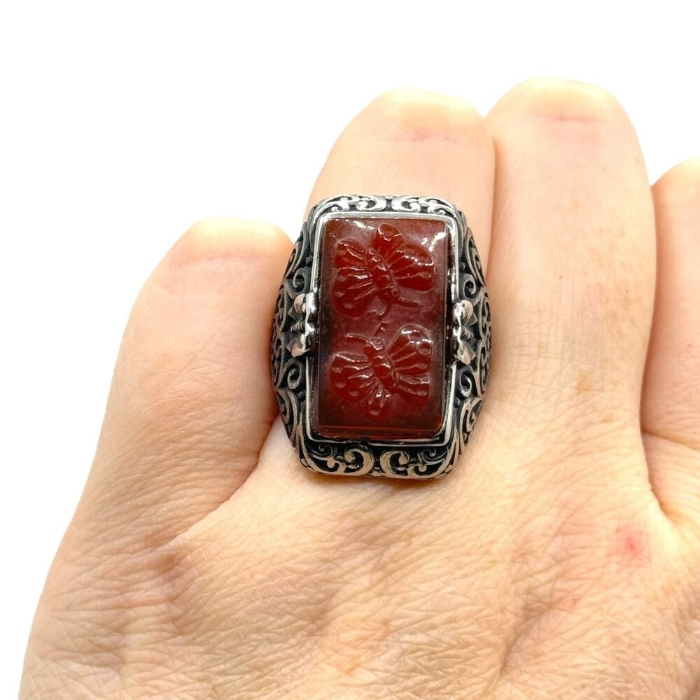 Silver Tone Red Resin Butterfly Filigree Ring Size 7 Large Ornate